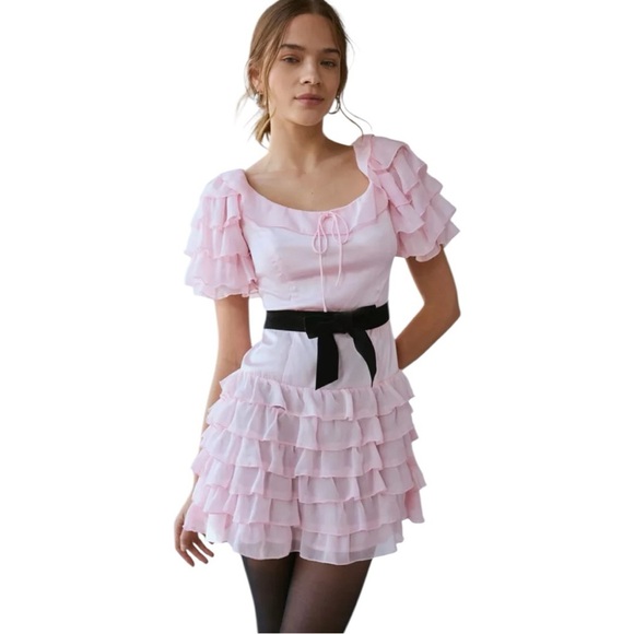 For Love And Lemons Dresses & Skirts - For Love & Lemons Danali Ruffle Pink Ruffle Mini Dress with Black bow